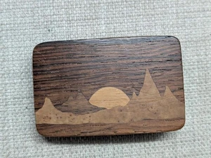 Vintage 70er Gürtelschnalle HOLZ Handarbeit WESTERN Sonnenuntergang COWBOY Hippie Boho - Bild 1 von 8