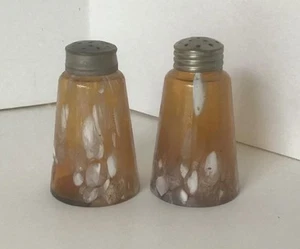 Tapered Cone Speckled White, Amber Art Glass Salt & Pepper Shakers, c1898-1910 - Picture 1 of 7