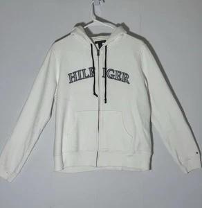 Women’s Tommy Hilfiger Zip Up Logo Hoodie Sz L White and Black - Picture 1 of 10