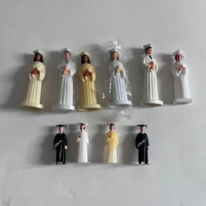 Lot of 10 Graduation Cake Toppers Graduate White Black Gown Plastic 3" 4.5" - Picture 1 of 5