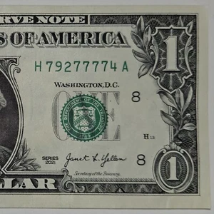 5 OF-A-KIND+4 IN-A-ROW 2021 $1 Dollar Bill H79277774A Fancy Serial Number (B342) - Picture 1 of 4