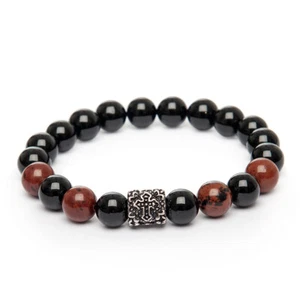 Stretch Bracelet Unique Mahogany Obsidian Gemstone Gothic Cross Beaded UK - Picture 1 of 5