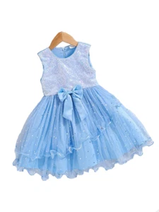 New Girls Size 5 Blue Sleeveless Ruffle Sequin Stars Bow Special Occasion Dress - Picture 1 of 3