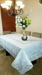 White 72x108" Embroidered Embroidery Organza Tablecloth Wedding Bridal Passover - Picture 1 of 9