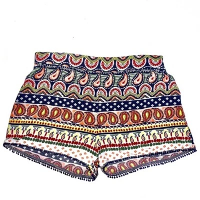 Olsenboye Talla M Multicolor Paisley BOHO Rayón Cintura Alta Pantalones Cortos con Pierna Azul Ribete Foto 1 de 4