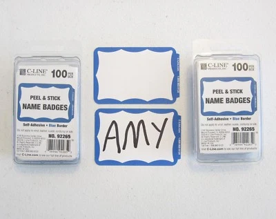 200 BLUE BORDER BADGES NAME TAGS LABELS ID STICKERS PEEL AND STICK ADHESIVE - Image 1 of 4