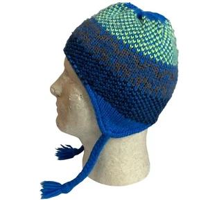 Kombi Children Peruvian Style Knit Hat Earflaps Blue Green Lined One Size - Picture 1 of 8