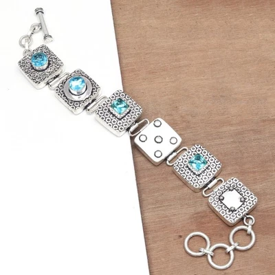 London Blue  Topaz Sterling  Bracelet Gemstone Handmade 7-8" Jewelry - Image 1 of 4