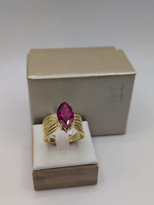 Stunning DK Red Lab Created Ruby 18k Yellow Gold Over Silver Ring 5.27ct Size 10 - Picture 1 of 5