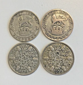 George V Sixpence Coins 50% Silver 1925 1927 1929 1936 4 Pieces CN8 P699 - Picture 1 of 10