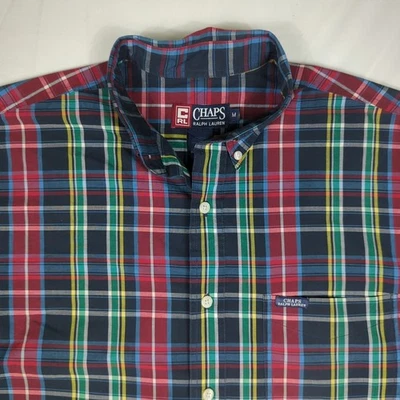 CHAPS RALPH LAUREN Vtg 90s Y2k Primary Multicolor Plaid S/S Btn SHIRT Men's L - Image 1 of 4