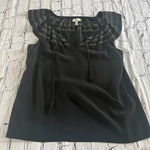 Joie 100% Silk Ruffle Sleeve Top Black Stitching Detail Tassel Relaxed Fit XS - Picture 1 of 5