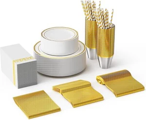 400 Pieces Gold Disposable Plates for 50 Guests with Plates/ Cups / Forks/Spoons - Picture 1 of 9