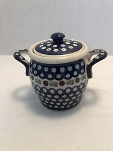 Boleslawiec Polish Lidded Ceramic Canister W/Handles-Blue Rose N5 Pattern - Picture 1 of 14