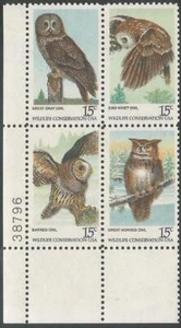 Plate Block of 4 stamps - Scott 1760-63 - 15 cent - American Owls - 1978 - MNH - Picture 1 of 1