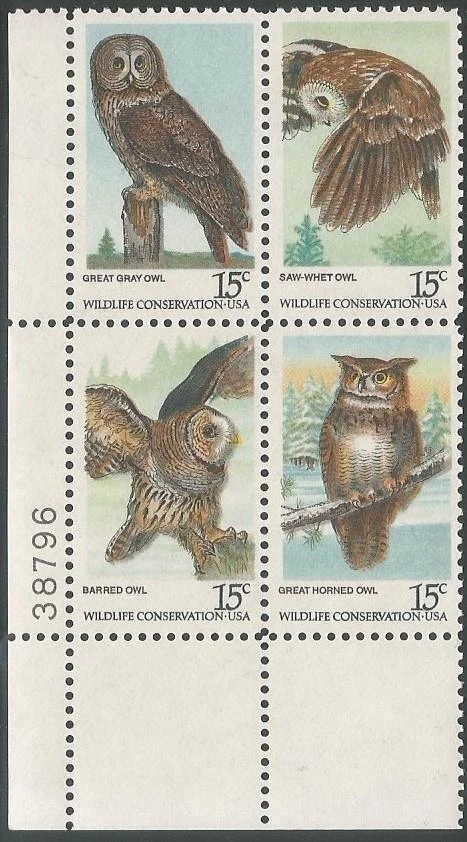 Plate Block of 4 stamps - Scott 1760-63 - 15 cent - American Owls - 1978 - MNH - Image 1 of 1