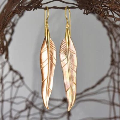 Pendientes de hoja de árbol de goma tallada concha y oro Vermeil sobre plata de ley 3,48 g Foto 1 de 4