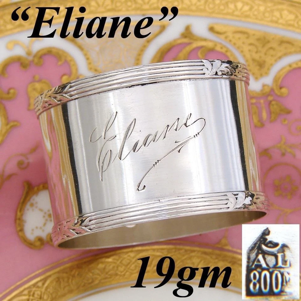 Antiguo anillo de servilleta continental de plata .800 (casi esterlina) con "Eliane"  Foto 1 de 4