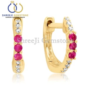 Natural Diamond & Ruby Huggie Hoop Earrings Solid 14k Gold Jewelry Gift For Her - Picture 1 of 5