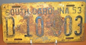 Vintage Original 1953 South Carolina, SC, License Plate D-10-903, Original Once - Picture 1 of 3