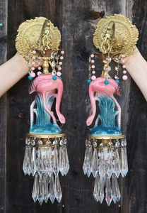 2 Applique Rosa Tropicale FLAMINGO Lampada Vintage Porcellana Cristallo Prismi perline - Foto 1 di 12