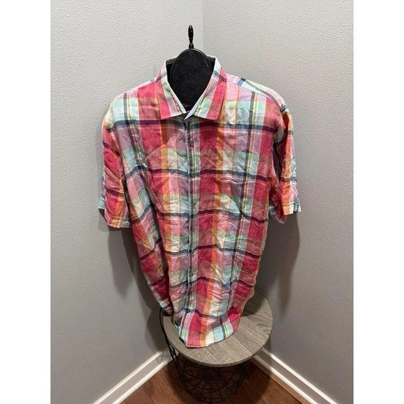 Short Sleeve Button Down Olymp Linen Shirt Plaid XXL Mens - Image 1 of 3