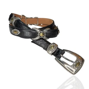 Vintage 90er Brighton Western Medaillon Gürtel Schwarz Leder Silber Gold Schnalle XL - Bild 1 von 8