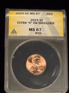 2023 Extra "V" Lincoln Cent Penny Graded ANACS MS67RD Rare VDB-V Error+++ - Picture 1 of 5