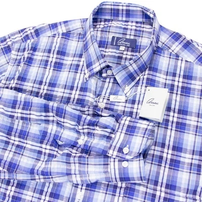 NWT Arnau Barcelona Mens 2XL Blue Plaid Seersucker Button Front Shirt $165 MSRP - Image 1 of 4