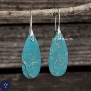 Turquoise SILVER Hook Teardrop Natural Stone Jasper Earrings, Drop Earrings - Picture 1 of 2