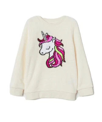 NEW H&M Girls Unicorn Fluffy Fleece Sweater. Size 3-4. Interactive Sequins. - Image 1 of 4