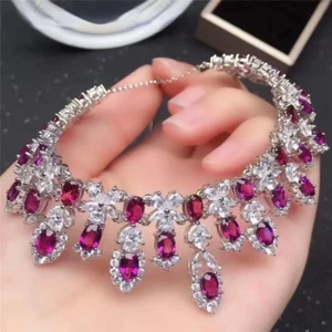 Natural Pink Garnet Statement Necklace, Gemstone Bib Necklace 925 Sterling - Picture 1 of 5