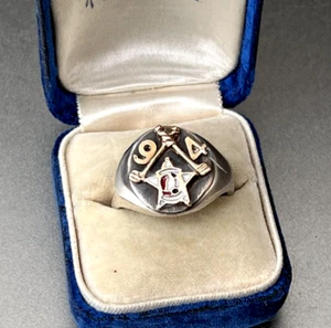 Vtg Sterling & 14K Gold Enamel Star Fraternal Ring, 1894 Masonic?, 8 grams, Sz 9 - Picture 1 of 10
