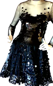 VTG Fabrice Couture Black Silk Evening Party Dress LG Black Sequin Beading SZ M - Picture 1 of 9