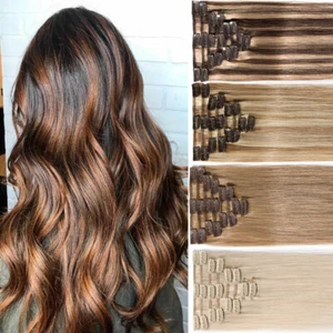 Extensiones de cabello humano Remy 100 % real con clip en cabeza completa marrón natural recto - Imagen 1 de 30