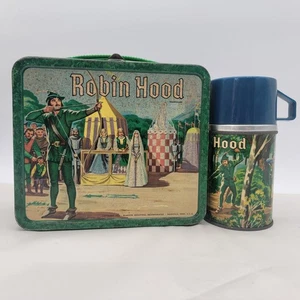 Seltene Vintage 1956 "ROBIN HOOD" Metall Brotdose mit Thermoskanne von Aladdin - Bild 1 von 19