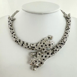 Silver Tone Leopard Choker Necklace With Black Enamel Spots & Clear Rhinestones - Picture 1 of 10