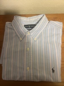 Camisa Ralph Lauren Para Hombre 18 36/37 Azul Rayas Manga Larga Con Botones Calce Clásico - Imagen 1 de 4