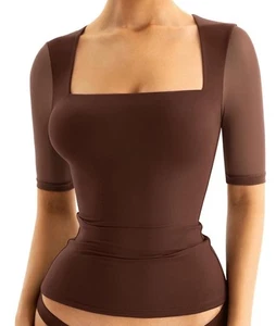 Sexy Camisa Top Cuello Cuadrado Para Mujer Pequeña Doble Forrada Media Malla Manga Marrón NUEVA - Imagen 1 de 3