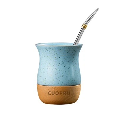 Calabaza de yerba mate con base de cerámica y madera original con pajita taza mate de 8 OZ Foto 1 de 4