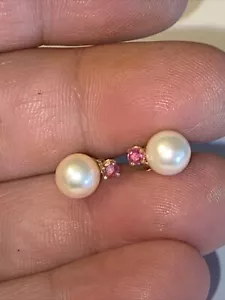 Pierced Earrings Akoya Saltwater Pearl Genuine Ruby 3mm 14K Gold 7mm Pearl - Picture 1 of 24
