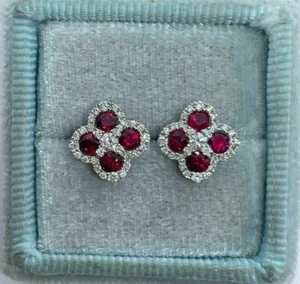 3.50 CT Lab Created Ruby Clover Women's Stud Earrings 14K White Gold Plated - Picture 1 of 4
