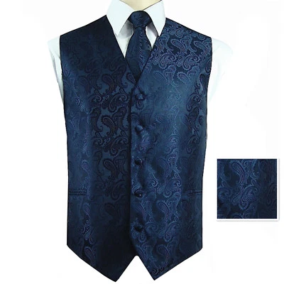 Navy Blue Paisley Tuxedo Suit Dress Vest Waistcoat & Neck tie and Pocket Square - Image 1 of 4