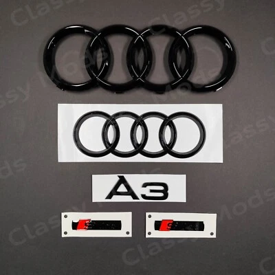 Audi A3 Front & Rear Rings Emblem Badge SET Gloss Black - Image 1 of 3
