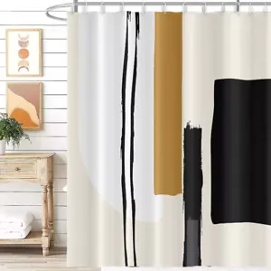 Abstract Geometric Shower Curtain Watercolor Black and Tan Stripes Pattern De... - Picture 1 of 7