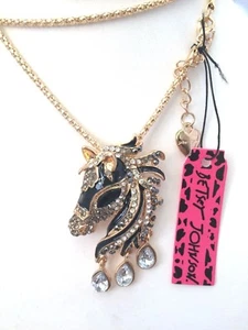 BETSEY JOHNSON BLACK ENAMEL CRYSTAL HORSE BROOCH GOLD PLATED PENDANT NECKLACE - Picture 1 of 2