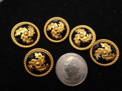 5 MATTE GOLDTONE METAL AND BLUE ENAMEL BUTTONS WITH A HOLLY SPIRAL 3/4" - Image 1 of 3