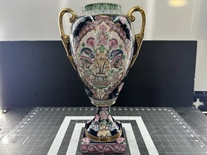 Vintage Asian Chinese Enamel Large 16" Tall Gilded Vase Pink Flowers Blue Green - Picture 1 of 24