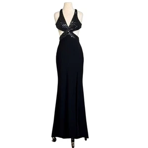 Mac Duggal Black Cutout Waist Beaded Crisscross Bodice Evening Formal Dress Sz 2 - Picture 1 of 12