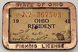 Licencia de pesca residente del estado de OHIO 1941 pin-back marco de metal insignia - Imagen 1 de 7
